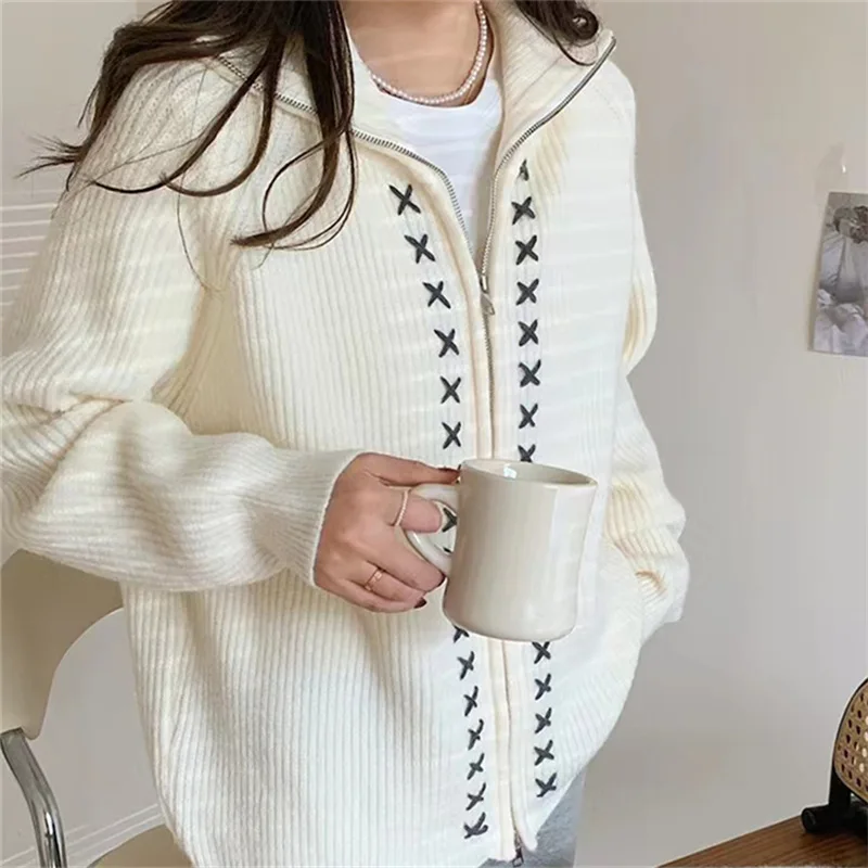 

Zipper lapel sweater for women's autumn and winter new lazy style slimming soft glutinous women's knitted cardigan