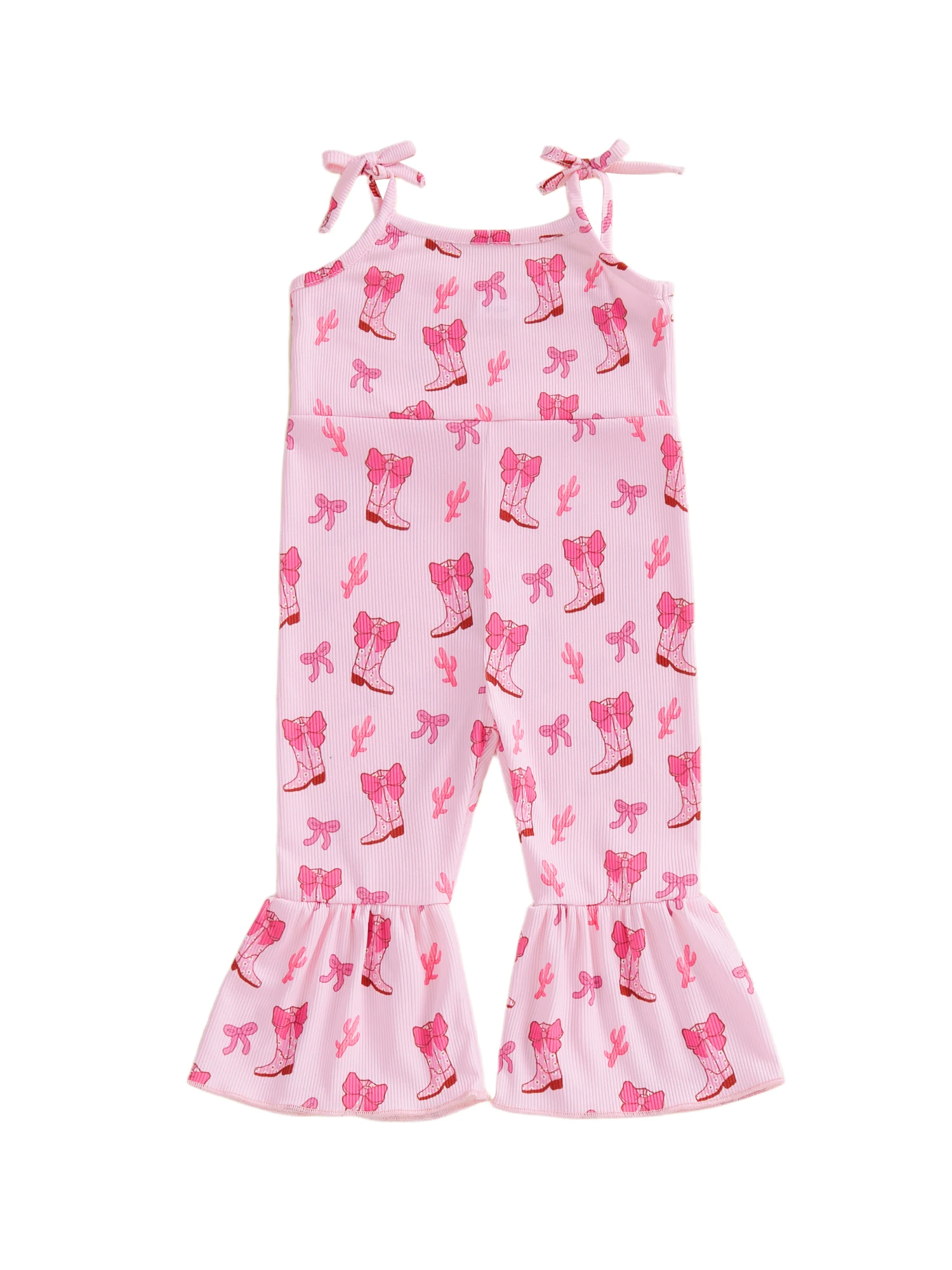 Kids Denim Overalls Western Style Sleeveless Tie Shoulder Strap Bow Boots Print Romper Toddler Bell Bottoms Jeans