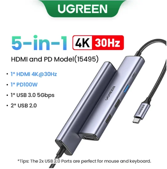 UGREEN 5 in 1 USB C Hub 4K HDMI USB HUB 100W Multiport Adapter for MacBook Pro/Air, iPad Pro, iMac, iPhone 15 Pro/Pro Max, XPS