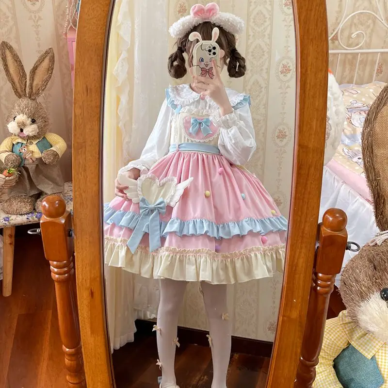 

Ruffles Kawaii Lolita Cosplay Soft Sister Dress Cute Bowknot Pink Blue Sleeveless JSK Dress Party Bow Princess Dress