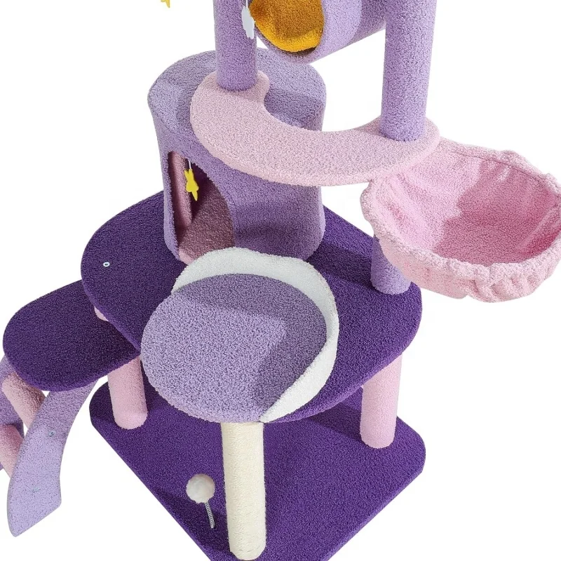 Unique Moon Cloud Cat Tree Tower Cute Cat Houses Sisal Rope Scratching Post Plush Hammock Multi-Level Purple Tree