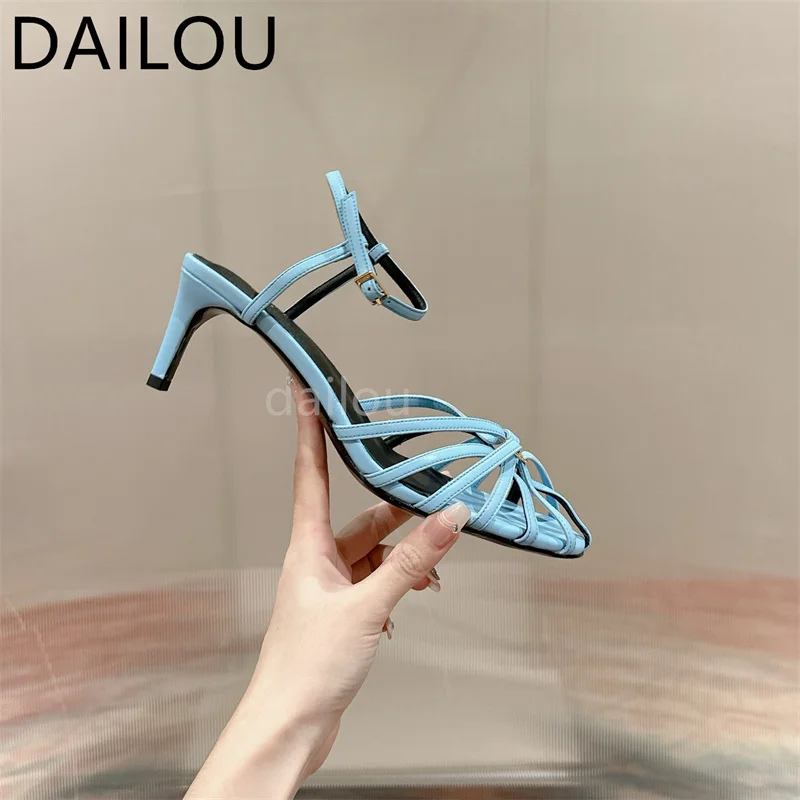 

2024 New Women Sandals Genuine Leather High Heel Women's Shoes Elegant Thin Heel Band Combination Fashion Professional Dress