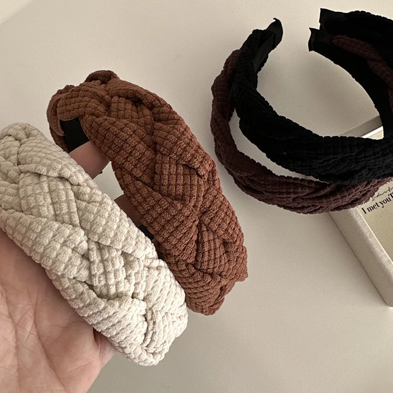 

Korean Retro Advanced Headbands Fashion Corduroy Maillard Color Wide Twist Headband Hair Accessories