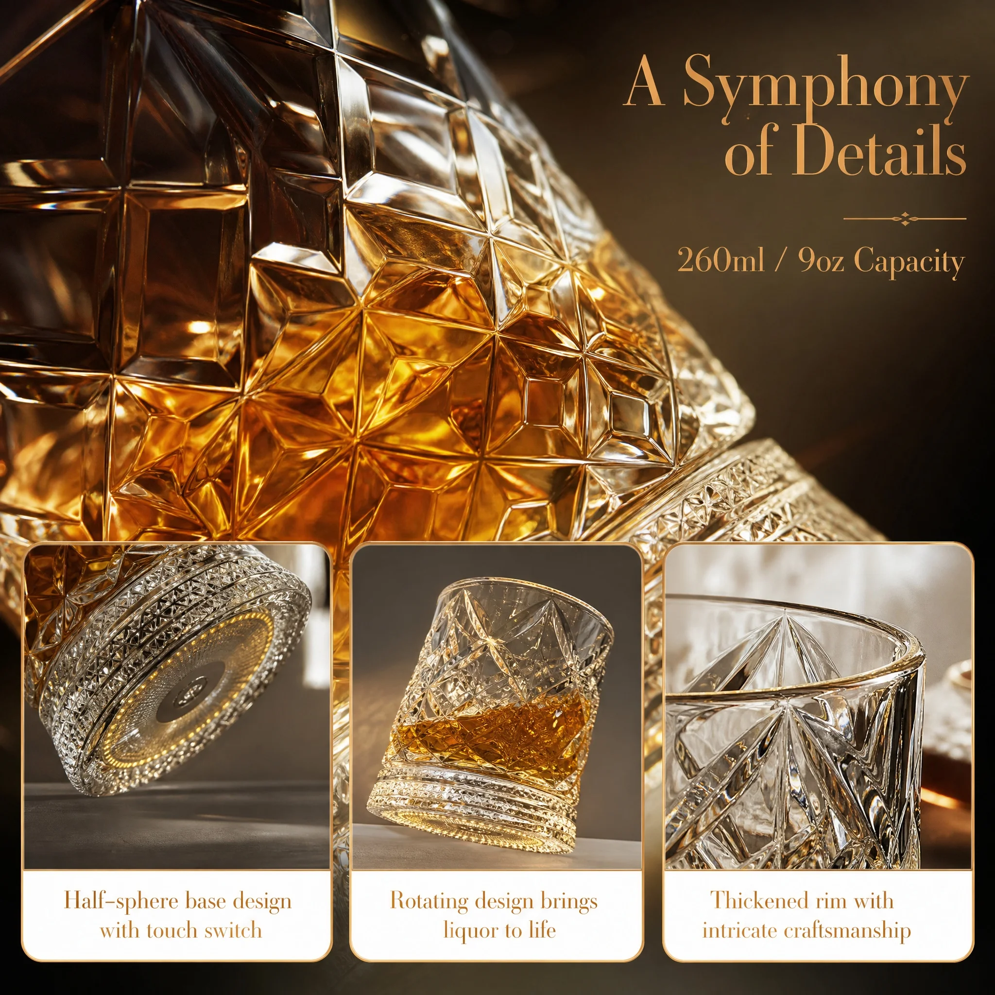 Rotating Whiskey Glass with LED Light Up Coaster,9 oz,Clear Glass 6