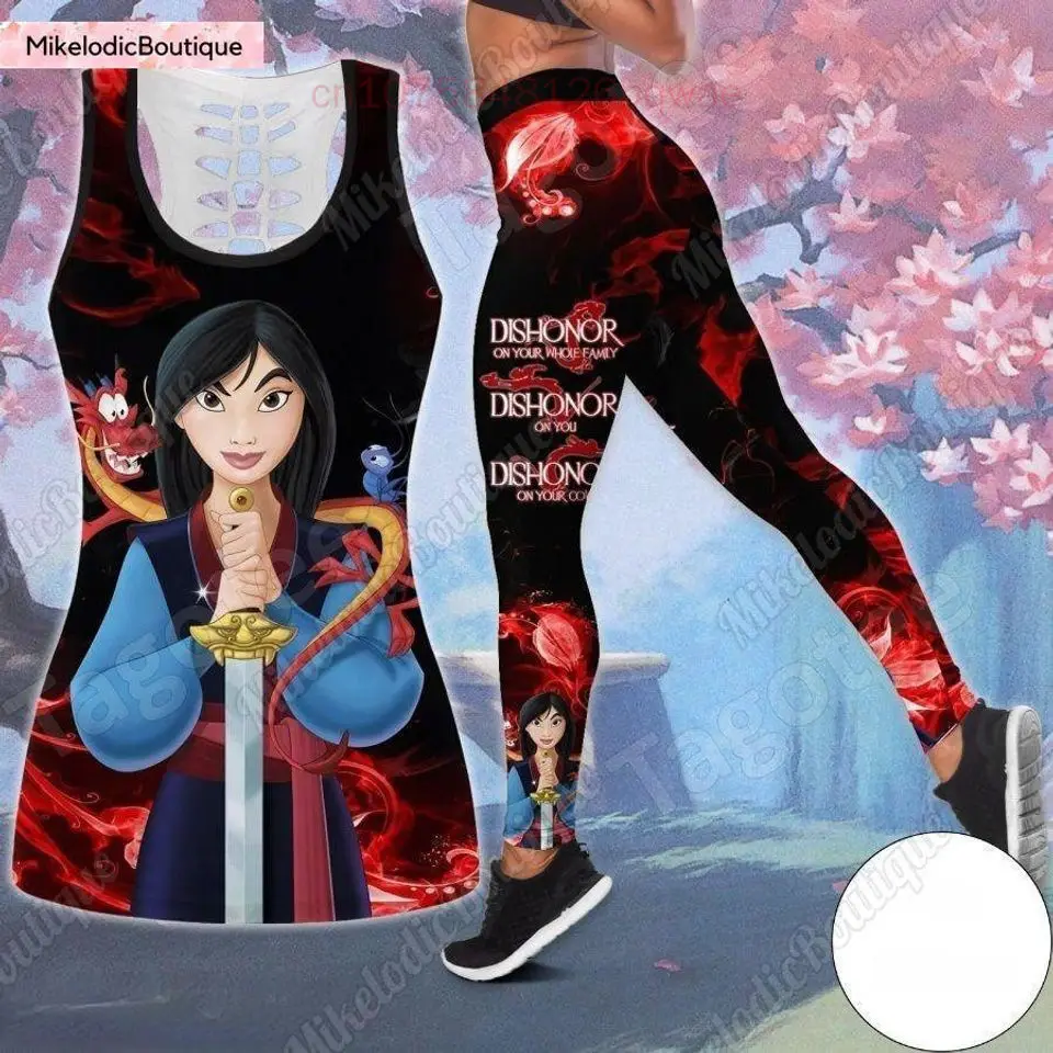 

Disney Princess Women Book Hollow Vest Women Leggings Yoga Suit Fitness Leggings Sports Suit Disney Tank Top Legging Set Outfit