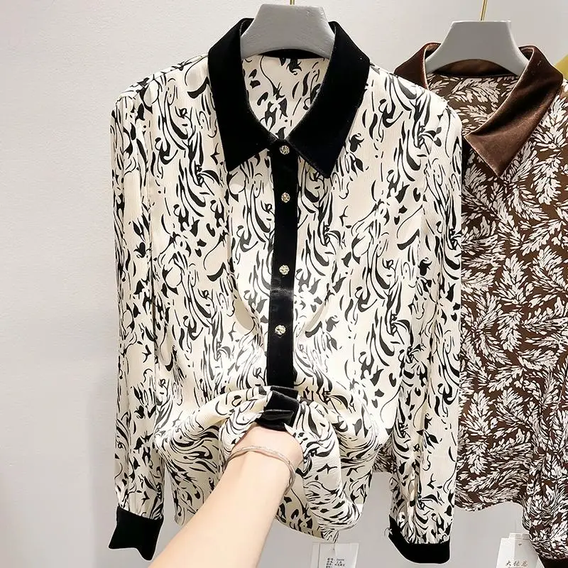 

Женская бархатная шифоновая блузка в стиле пэчворк, с длинным рукавом, осенняя одежда, новинка 2023, модная Элегантная блузка с принтом, Топ