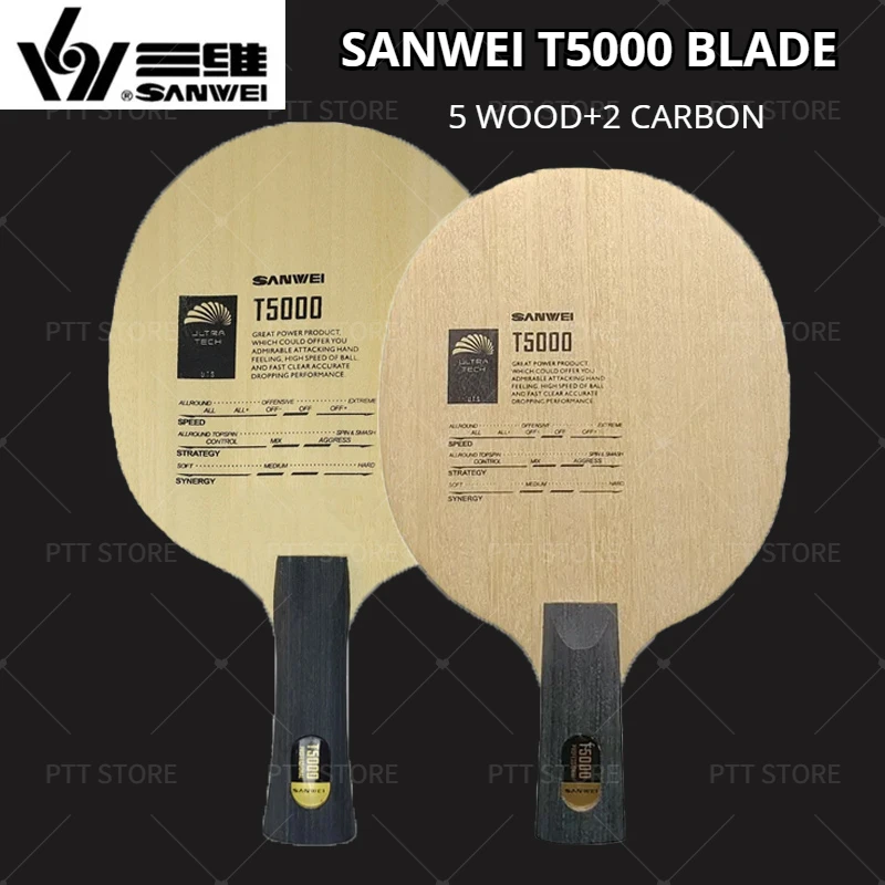 Original SANWEI T5000 Table Tennis Blade 5 Wood 2 Carbon Entry Intermediate Ping Pong Blade for Loop Drive with Fast Attack