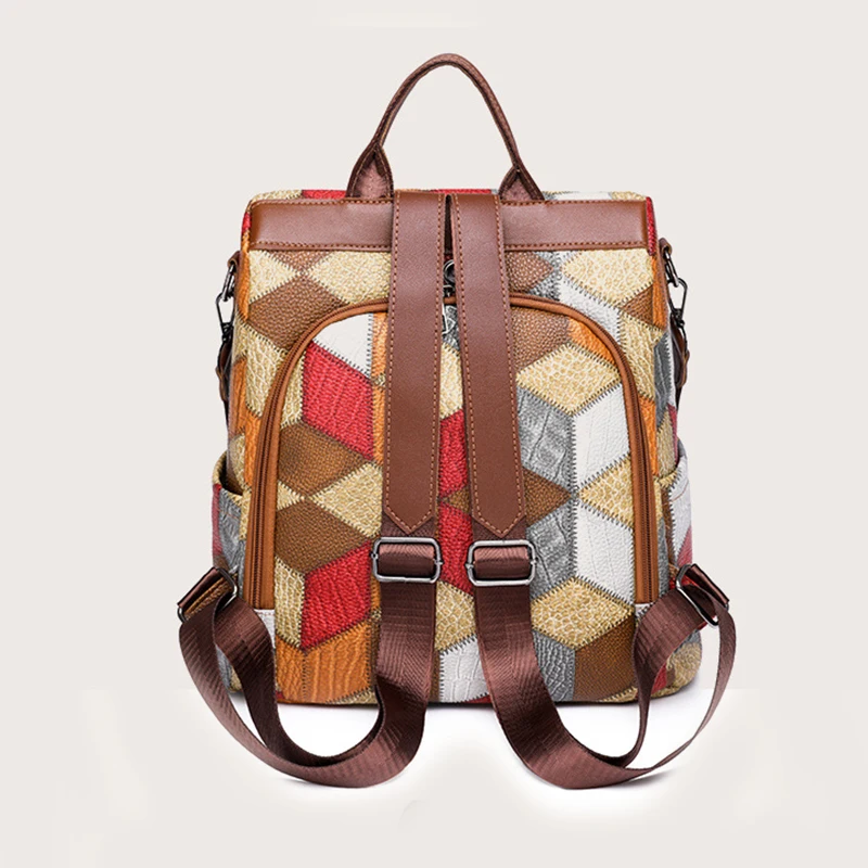 Fashion Plaid Backpack Women Soft PU Leather Daypack Female Large Rucksack Travel Bag Ladies Bagpack Big School Backpack for Gir