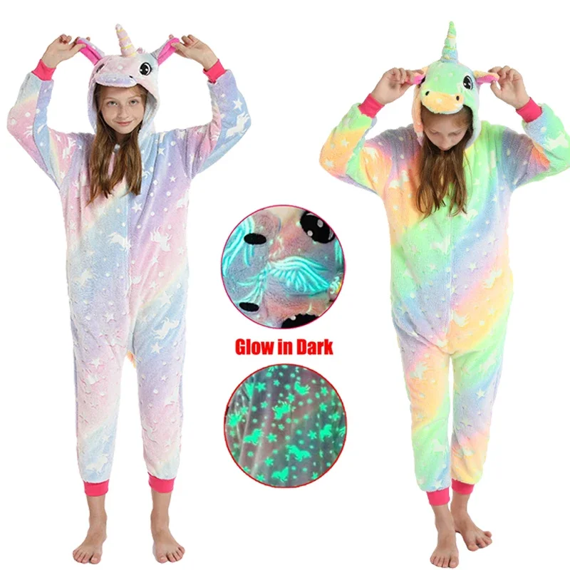 Winter Jumpsuit Kids Kigurumi Anime Overalls for Children Unicorn Pajamas Warm Plush Glow In The Dark Pyjamas Boys Girls Onesies