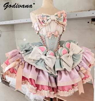 New Girls Birthday Lolita Dress 2026 Spring and Summer Women's Tube Top Satin Bowknot Slim Pettiskirt Short Mini Party Dress 1
