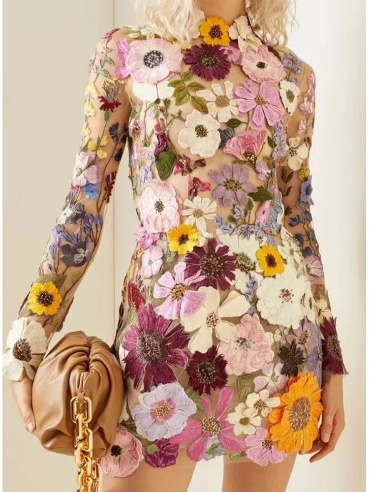 Fashion 3D Flower Mesh Lace Embroidery Casual Mock Neck Long