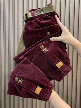 Pantaloni di velluto a coste caldi spessi tinta unita donna 2023 pantaloni Casual larghi coreani autunno inverno pantaloni Harem 1