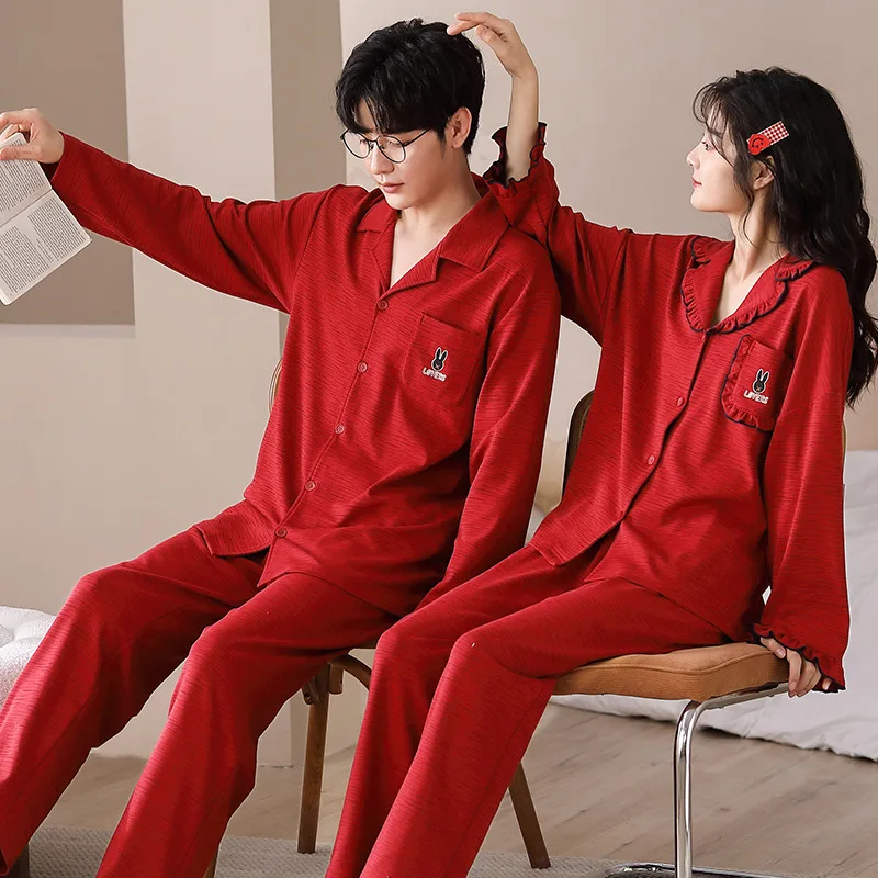 New Autumn Fashion Couple Long Breathable Pajamas 100% Cotton Homewear Cardigan Nightwear Couple's Sleepwear Men Women Pyjamas