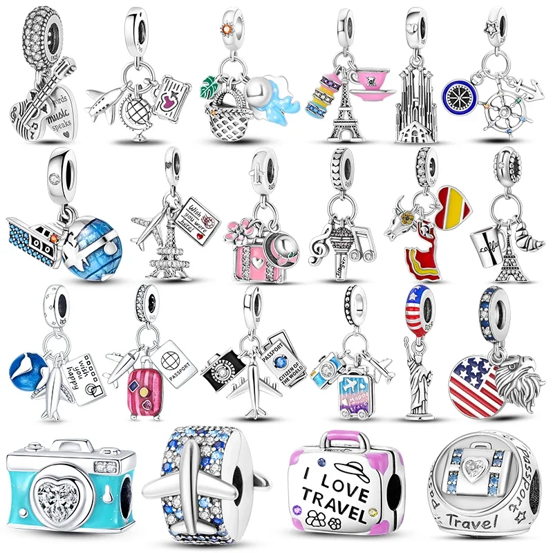 925 Sterling Silver Travel Passport Trunk Charms Fit Original Bracelet Diy Airplane Earth Beads for Jewelry Making Gift 2