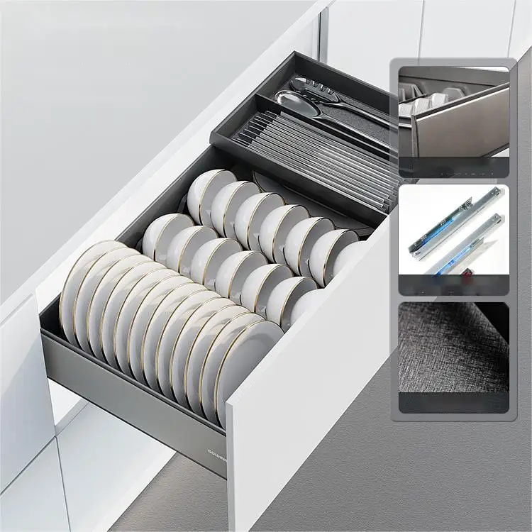 Goldmine Soft Close Drawer Slide Furniture Cabinet Drawer Aluminum Pull Out Plate Rack Pan Storage Set For Kitchen