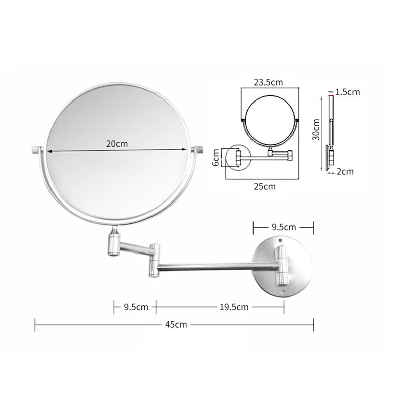 Bathroom Makeup Mirror Folding 2-Face Double Bath Cosmetic Mirror 8 inch Wall Mounted 360 Degree Telescopic Round Mirror 6