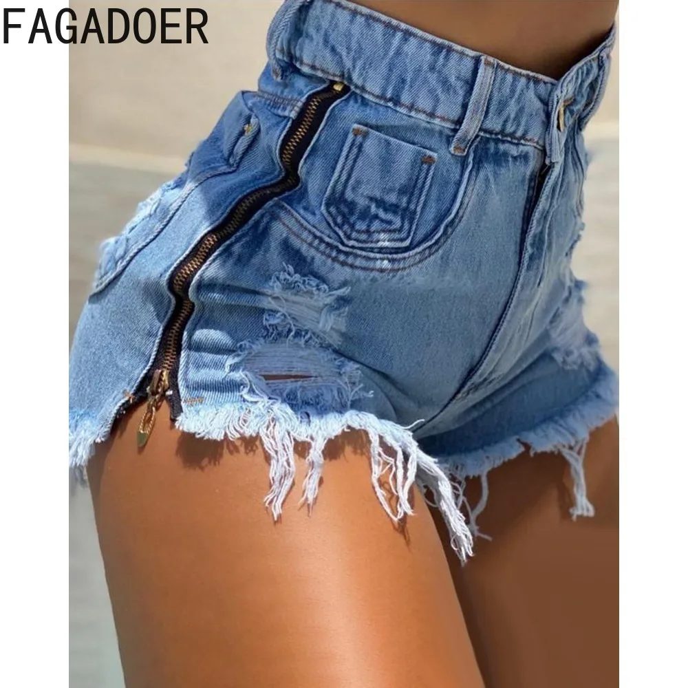 FAGADOER Summer New Streetwear Women Denim Side Zipper Design High Waist Slim Shorts Female Pocket Hole Matching Cowboy Bottoms