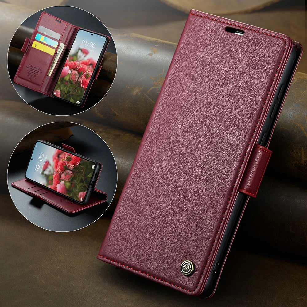 Leather Flip Wallet Case with Side Buckle Closure
