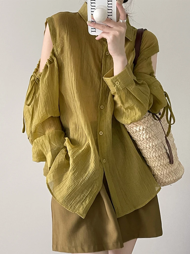 [LANMREM] Off Shoulder Drawstring Sunscreen Shirts For Women Lapel Single Breasted Blouses Fashion Tops 2024 Summer New 26D9373