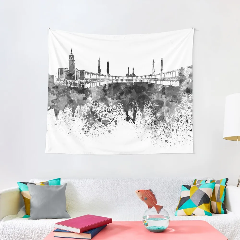 

Mecca skyline in black watercolor Tapestry Anime Decor Bathroom Decor