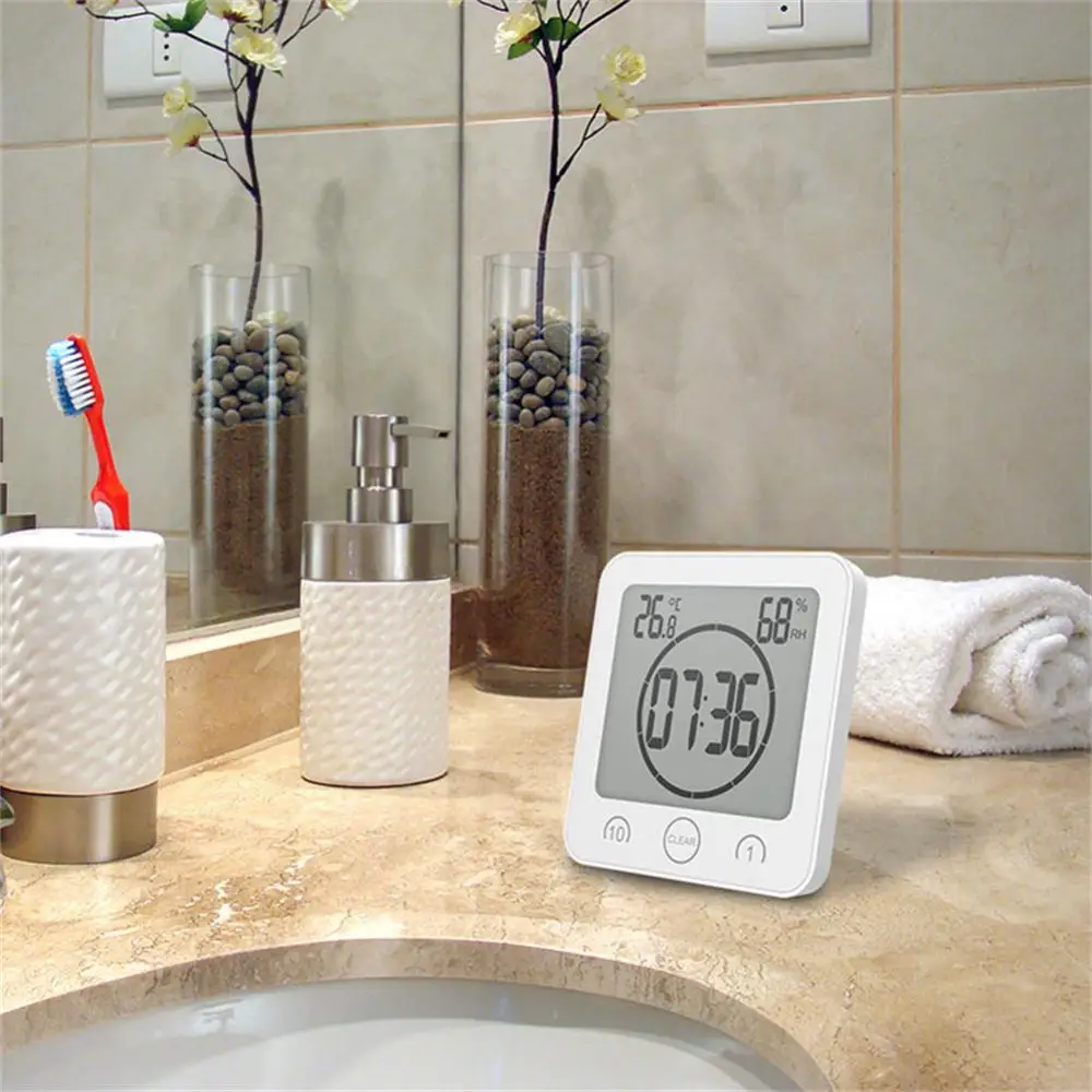 BALDR Reloj de ducha LCD impermeable con temporizador, reloj de baño, reloj  de pared, funciona con pilas, reloj LCD con tiempo, temperatura y humedad