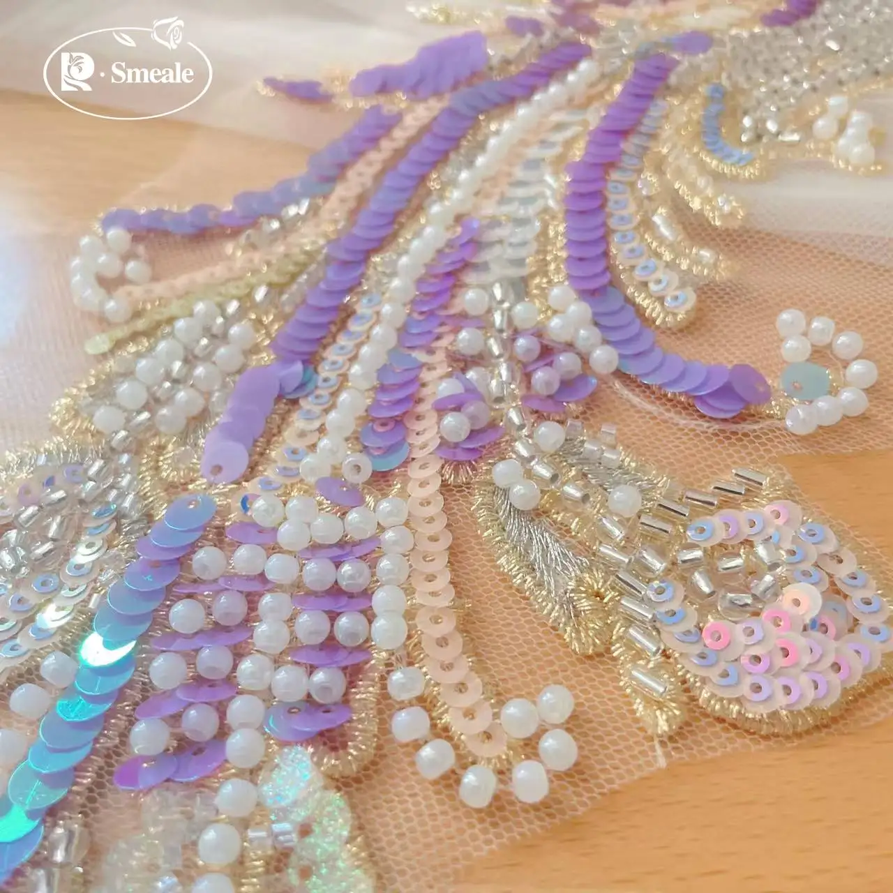 40*18CM.Beaded Sequins Mirror Phoenix 다채로운 보라색 아동 의류 장식, DIY 재봉 액세서리. 수제 보석