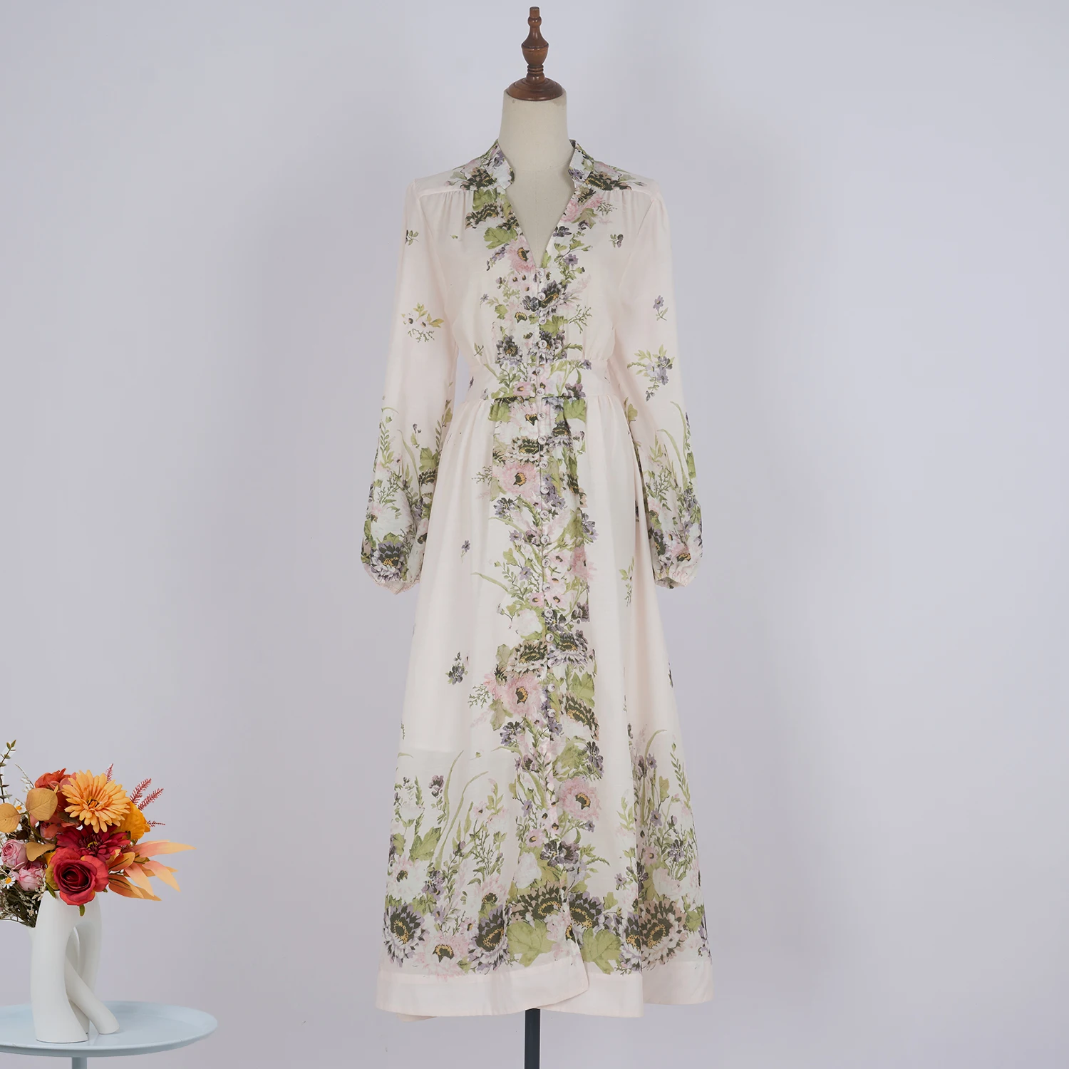 

Женское пляжное платье Coigarsam, новинка 2024, хлопково-льняное шифоновое однобортное платье с длинным рукавом и принтом, белое платье с высокой талией