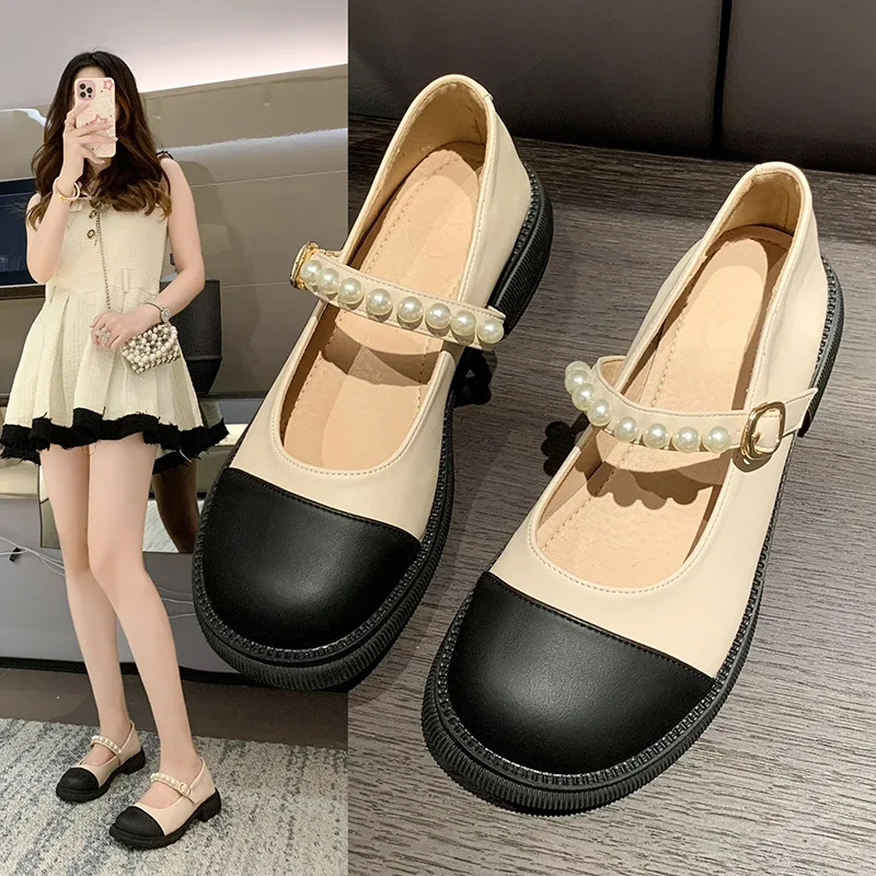 2023 Spring New Women's Leather Shoes Fashion Pearl Design Korean Version of Mary Jane Casual Loafer Flat Women's Shoes