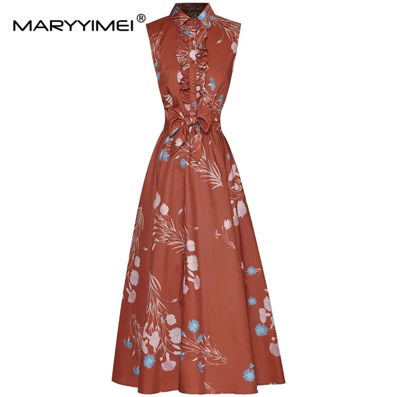 

MARYYIMEI Designer Summer Women's Fashion dress Turn down Collar Sleeveless Floral-Print Ruffles Lace up Slim Dresses