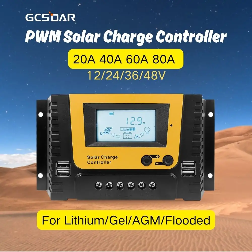 GCSOAR20A40A60A80A12243648VPMWSolarChargeControllerLCD 