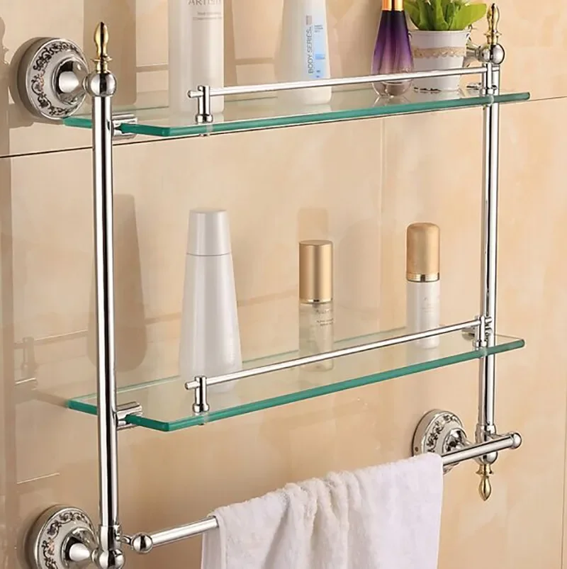 

VidricShelves With Dual Tempered Glass Golden Finish Metal Material Wall Mounted Storage Shelf Towel Bar 54cm Hanger ST-6316