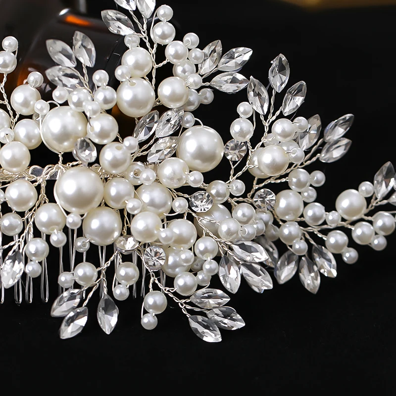 Luxurious Pearl Hair Comb Headband Rhinestone Pearl Bridal Hair Accessories For Women Wedding Tiara Headpiece