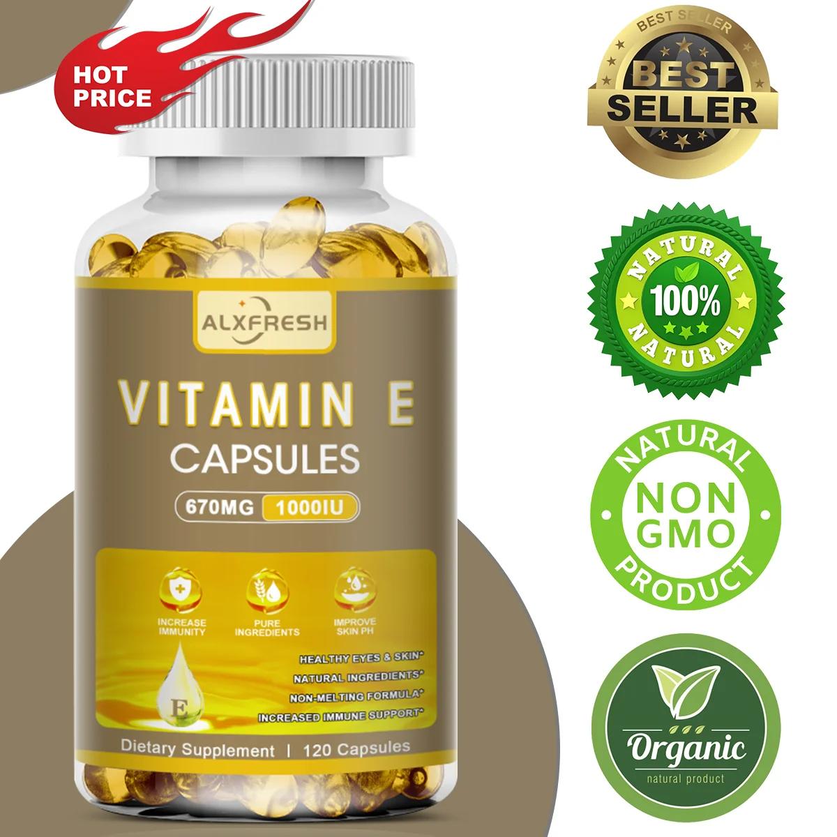 

Alxfresh Vitamin E 670 mg (1000 IU) Dietery Supplement- Natural Antioxidant Support Cellular Respiration & Cardiovascular Health