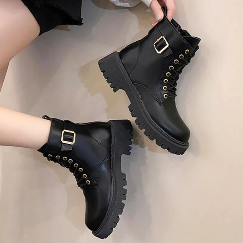 

TSTCTB Punk Style Lace Up Motorcycle Boots Women Fashion Buckle Platform Ankle Booties Woman Autumn Winter Pu Leather Boots