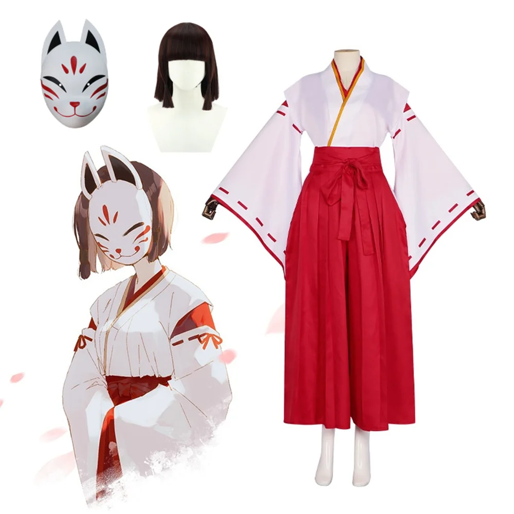 

Genshin Impact Hanachirusato Cosplay Costumes Wig Fox Mask Kazari Hanachiru Sato Mask Miko Halloween Carnival Clothes