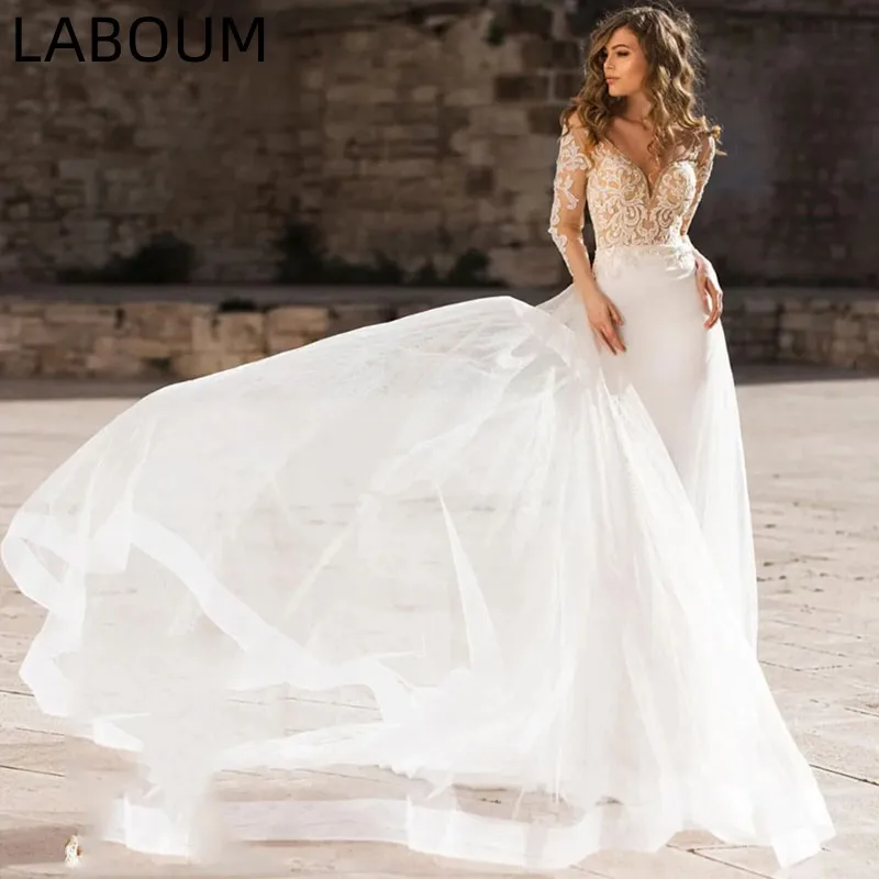 

LaBoum Elegant Mermaid Wedding Dress for Women Bridal Gowns Lace Appliques V Neck Vestidos De Novia robe mariée فستان حفلات الزف