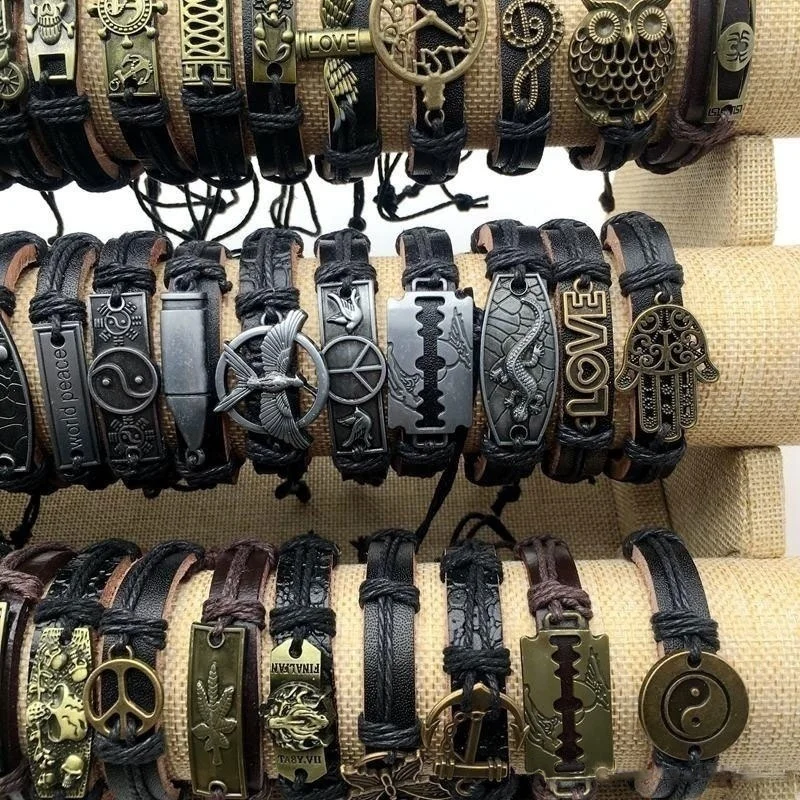 Vintage Cuff Bracelets Men and Women Leather Bangle Metal Handmade Retro Weave Mixed Charm Jewelry Gift 10pcs/Lot