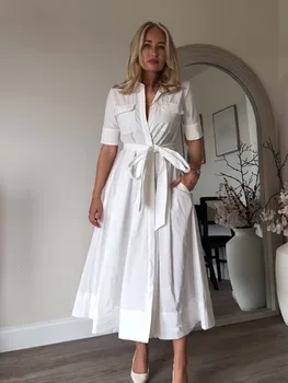 HH Women Summer Lapel Short Sleeve Pocket Single-Breasted Belt Decorate Midi Dress Female Fashion Shirt Style Pleated Dress 1