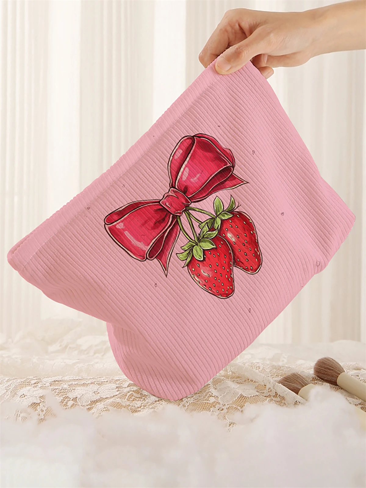 1 corduroy makeup bag with strawberry and bow pattern, lightweight zipper makeup storage box, multifunctional bag with lining