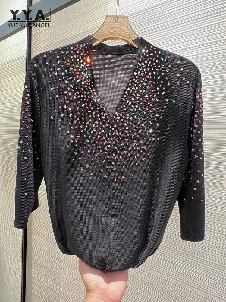 

Summer Breathable Office Ladies Elegant V-Neck Half Sleeve T-Shirt Slim Fit Solid Color Rhinestone Fashion Casual Pullover Tops