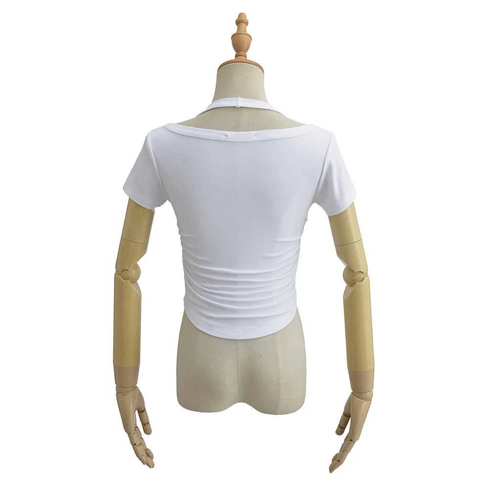 Women Short Sleeve Cropped Cotton T-shirt With Halter Collar And Side Folds Detail
