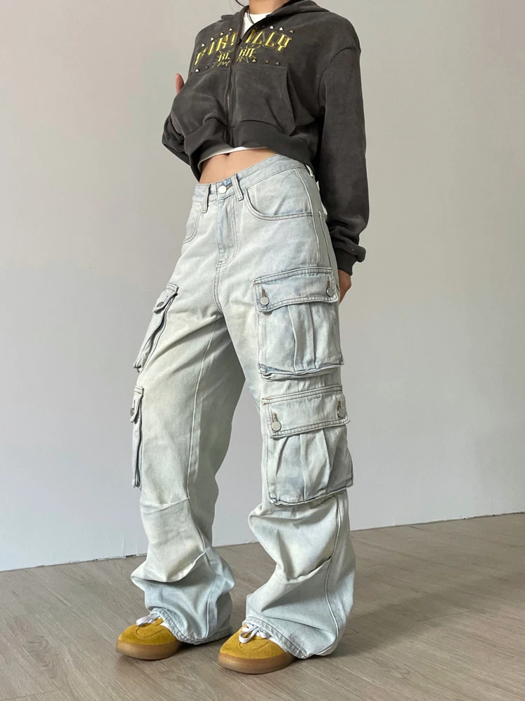 

Deeptown Y2K Vintage Baggy Cargo Jeans Women Oversized Streetwear Hip Hop Blue Denim Pants Harajuku Retro 90s Pockets Trousers