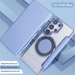 Leather Magnetic Phone Wallet Case - Clear Flip Card Cover with Wireless Charging Compatibility - Galaxy S23 Ultra (Blue)