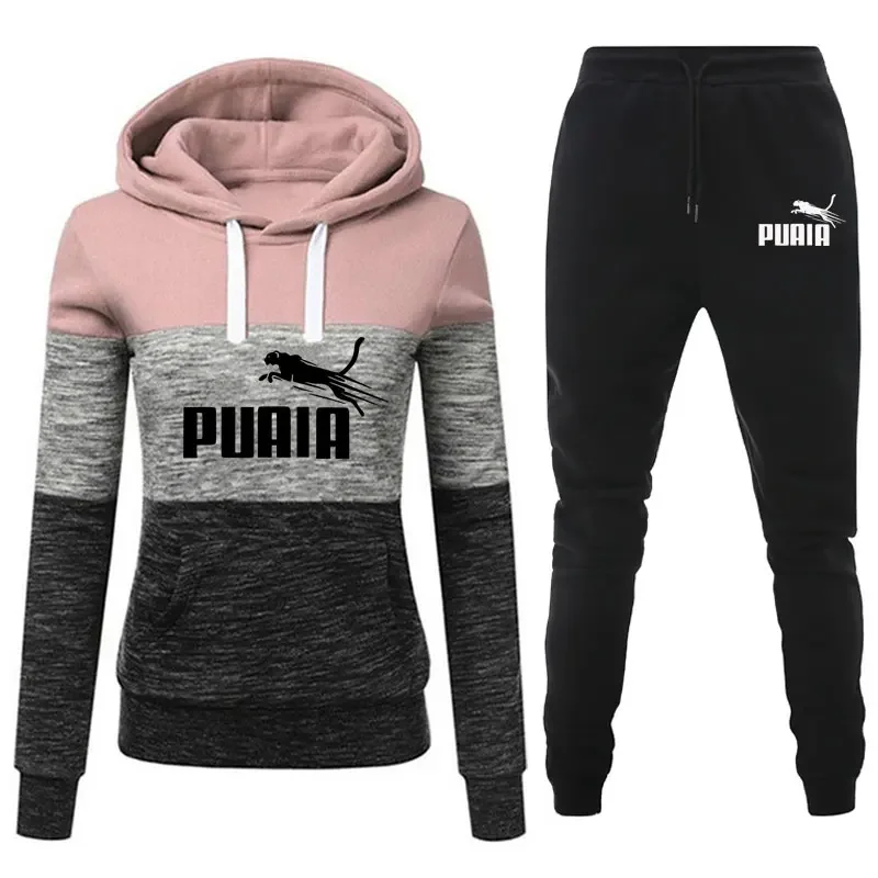 

2023 New Womens Hoodies Sweatshirt +Sweatpants 2 Piece Set Winter Warm Splice High Quality Tracksuit Casual Jogging Pants Suit