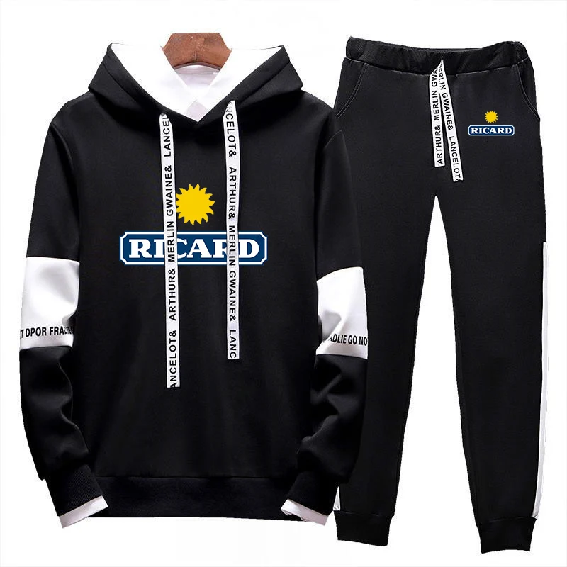 2023 new men's printed RICARD fashion sports hoodie tricolor with comfortable and high quality leisure sports pants 2-piece set