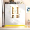 4 Doors Armoire Wardrobe Closet with Mirror, LED Armoire, Wooden Armoire Storage Cabinet with Hanging Rod,White 1
