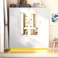 4 Doors Armoire Wardrobe Closet with Mirror, LED Armoire, Wooden Armoire Storage Cabinet with Hanging Rod,White 1
