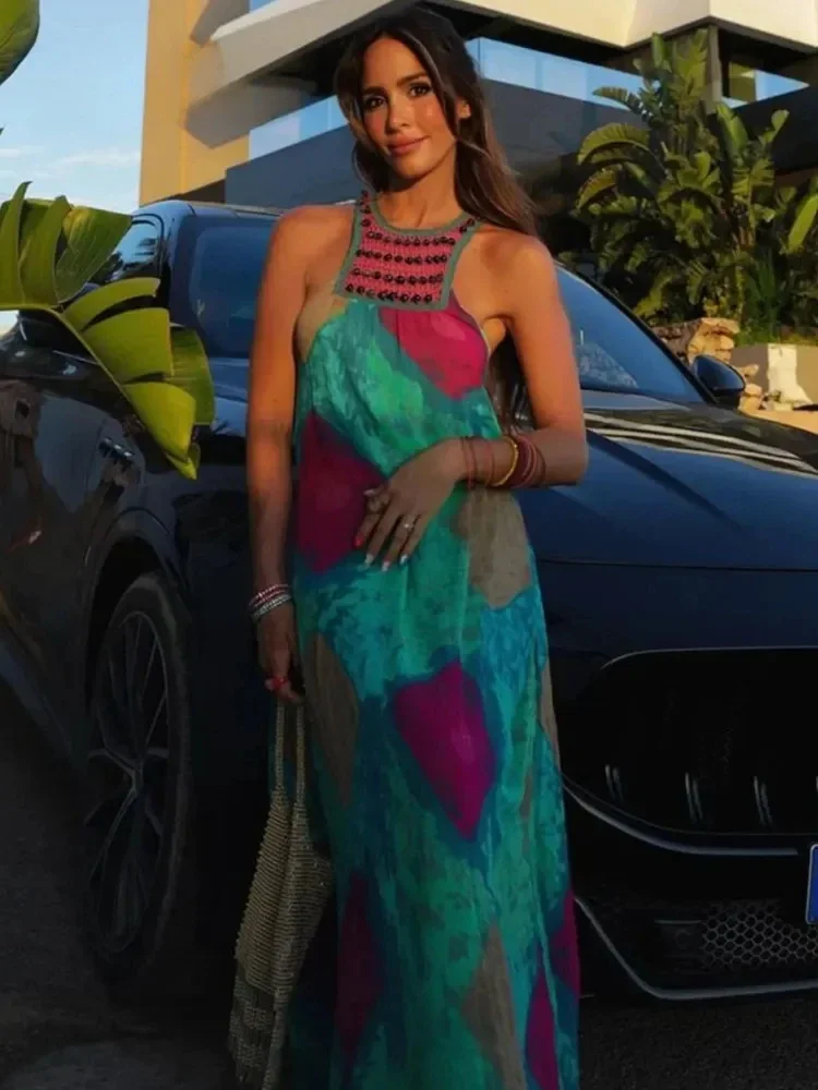 

2023 Woman Print Crochet Halter Y2K Dress Summer Female Elegant Off Shoulder Sexy Party Dresses Midi Holiday Beach Dresses