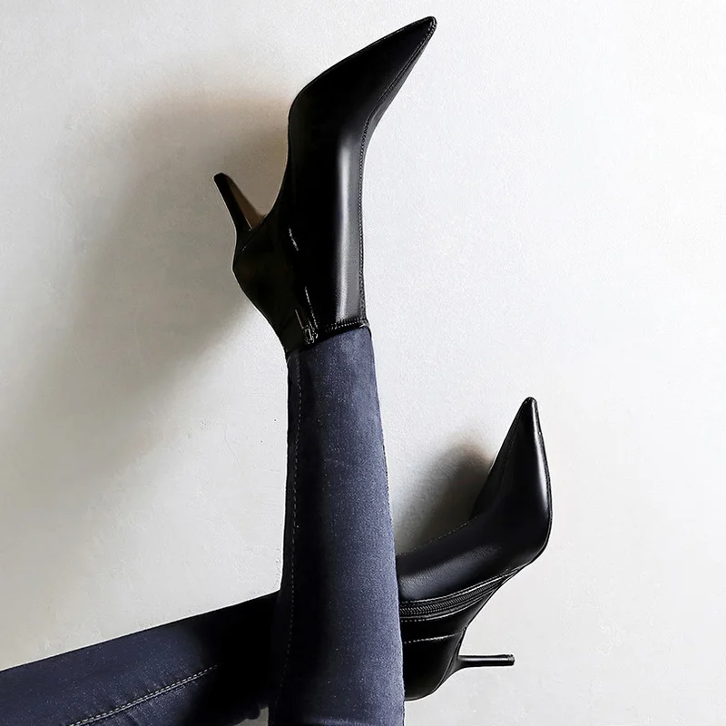 Botas de cuero de tacón alto para mujer, botines de tacón alto de aguja con punta estrecha, mantienen el calor, invierno