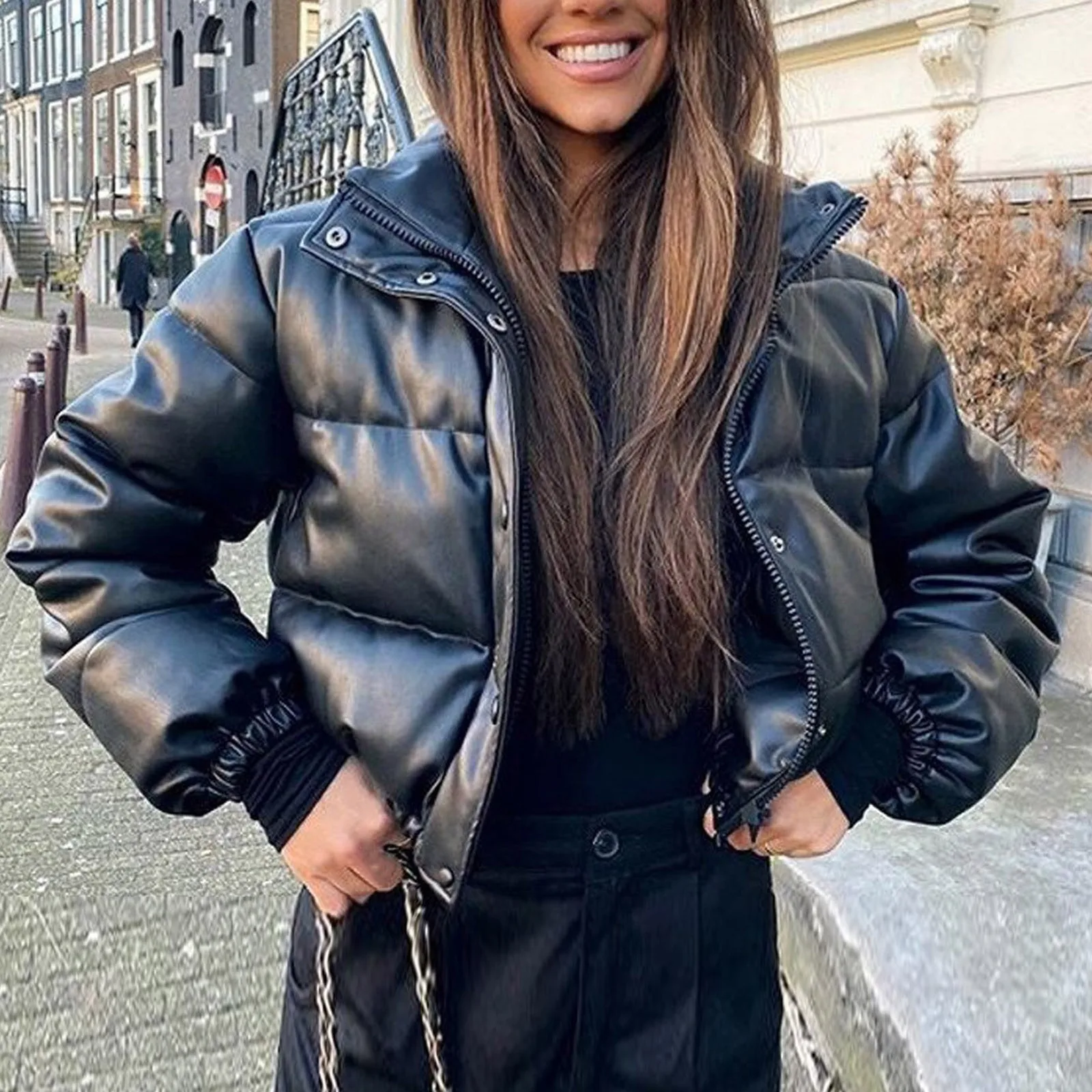 

Зимние теплые пальто из искусственной кожи, новая черная пуховая куртка, короткие парки с хлопковой подкладкой, элегантная водонепроницаемая верхняя одежда на молнии, одежда для хлеба